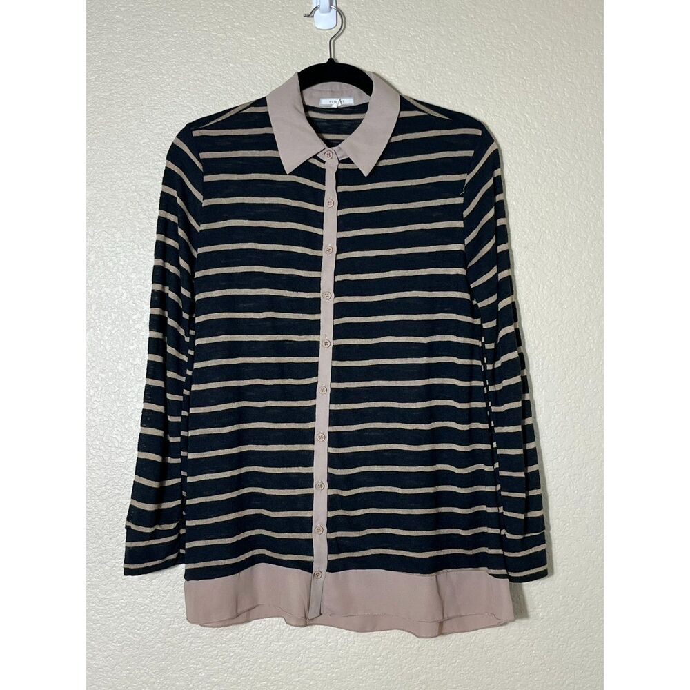 Anthropologie Pleione Black Tan Striped Button Up Blouse Medium Preppy